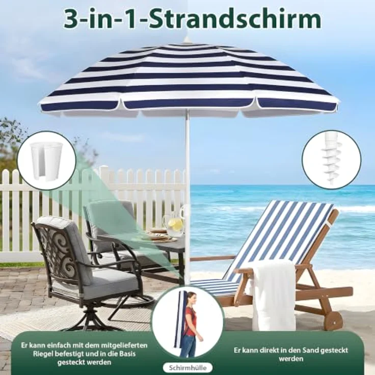 SUNULA Sonnenschirm 160 cm, Balkonschirm knickbar mit Bodenhülse & Schutzhülle, höhenverstellbar, neigbar, UV-Schutz 50+, weiß/silber – Bild 2