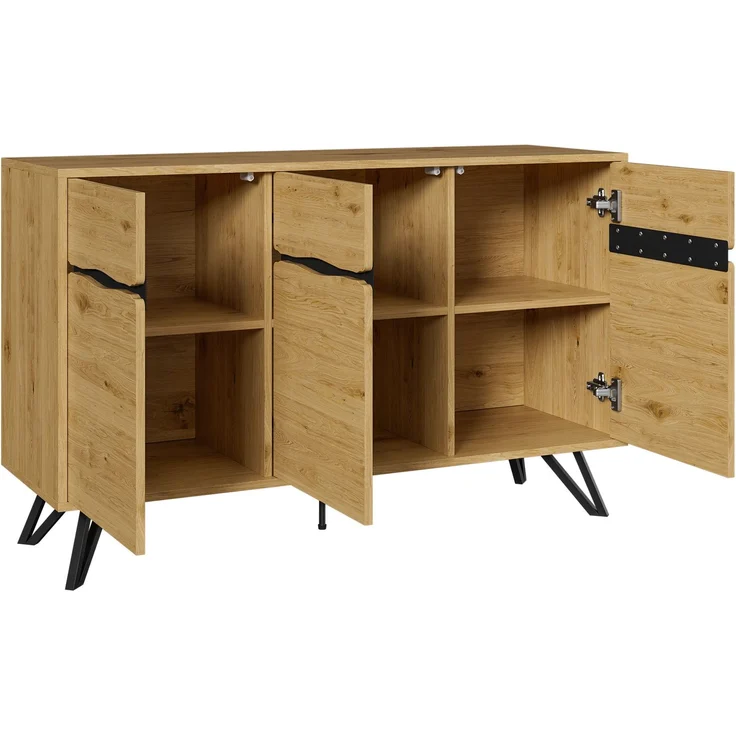 DESVIAE Sideboard mit 3 Türen 140x75,5x40 cm aus Spanplatte in Holzfarbe und Schwarz – Bild 8