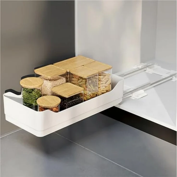 tesa Küchenorganizer-Set Schubladen Organizer Küche, nachrüstbar, ausziehbar, selbstklebend, (Pull Out ausziehbare Küchen-Schublade, 2x Auszugsschienen, 1x Regalboden, 5x Powerstrips-Blätter, uvm, 8-tlg, inkl. Bodenauszug mit 15 Powerstrips & Andrückhi... – Bild 2