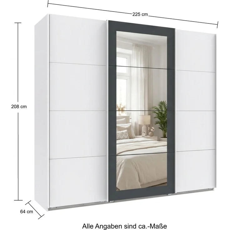 Schwebetürenschrank 3-trg Kleiderschrank 225 cm in Weiß Spiegel umrahmt in Grafit – Bild 8