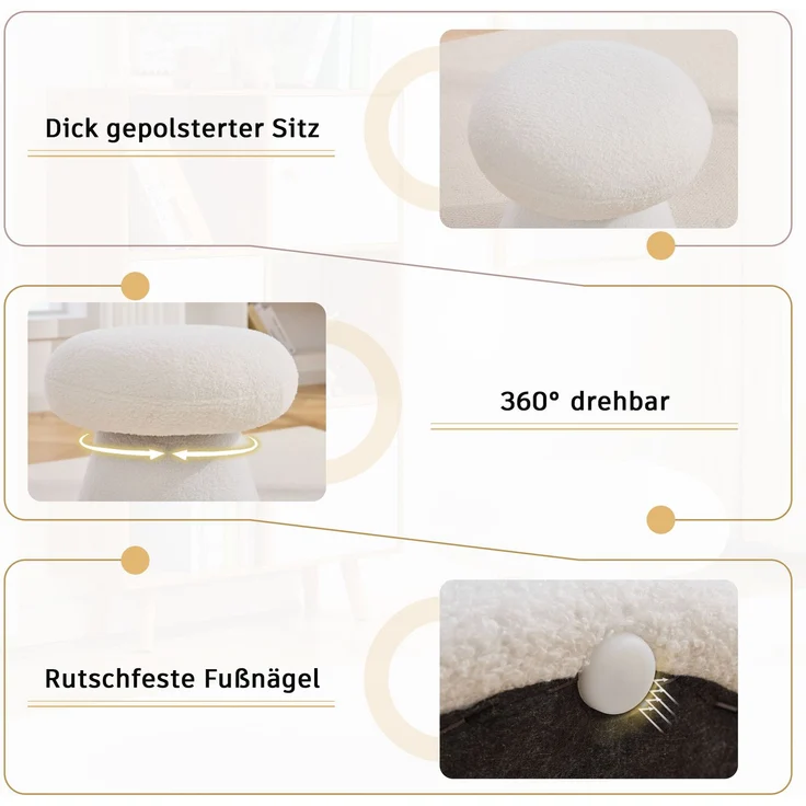 066-Moderner Drehbarer Hocker für Wohnzimmer Schlafzimmer, Kreativer Pilzform Teddystoff Polsterhocker mit 360 Rotation, Bequemer Kleiner Schminktisch Hocker für Erwachsene & Kinder, Weiß--Weiß--41x41x44cm--YOUDENOVA – Bild 4