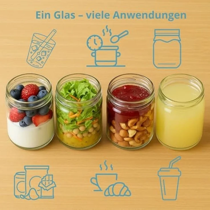 BigDean Müslibox 6 Stück Overnight Oats Gläser Extra große Öffnung, Glas, (Set, 12-tlg, Glas + Deckel), Auslaufsicher, Spülmaschinenfest (Glas), Extra weite öffnung. – Bild 7