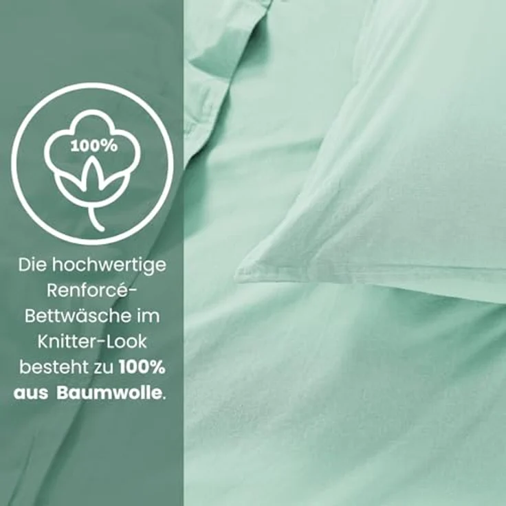 wometo Renforce-Bettwäsche Set, Mintgrün, 155x220 cm, Oeko-Tex® zertifiziert, Stone-Washed-Stil, 100% Baumwolle – Bild 4