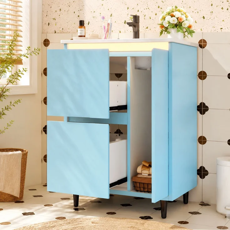 61*46.5*87cm, freistehender Badezimmerwaschtisch, komplett lackierte Oberfläche, integriertes Keramikbecken, Soft-Close-Scharniere, zwei Schubladen, hohes Fußdesign, blau. – Bild 2