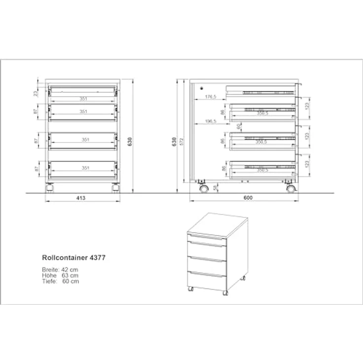 Germania Rollcontainer 4377-83, in Schwarz, mit Utensilienfach, 42 x 63 x 60 cm (BxHxT) – Bild 2
