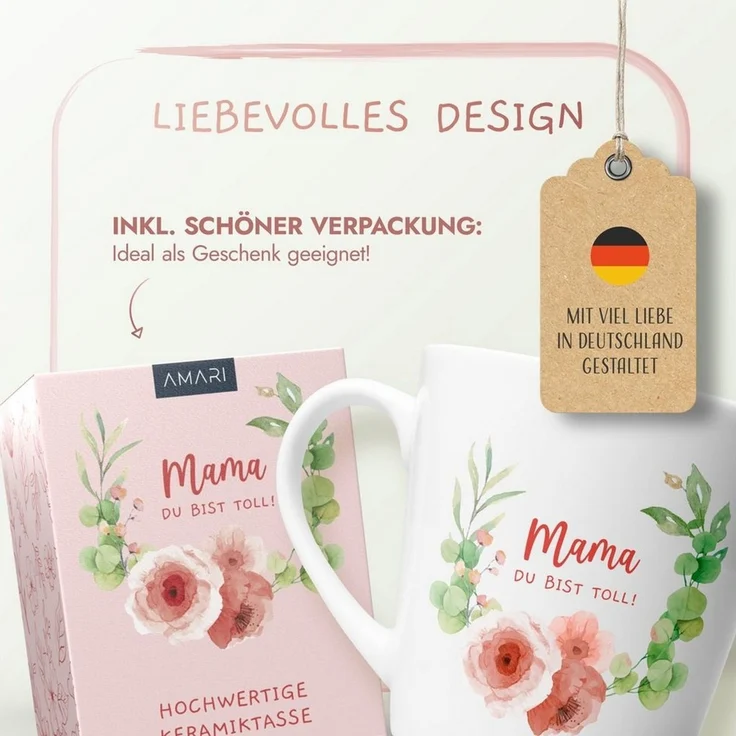 Amari Tasse Beste Mama Spruch, Geschenk Mama Muttertag von Tochter & Sohn, 1-tlg, Keramik, Kaffeetasse Teetasse 330 ml Geschenkbox Muttertag Geburtstag – Bild 4