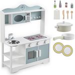 Juskys Kinderküche Jona - Holz Spielzeug, Küche für Kinder - Spielküche mit Zubehör - Wasserhahn & Küchenspüle - Weiß Grau