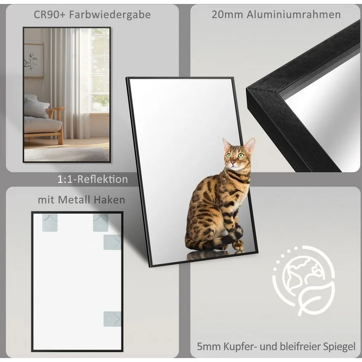 Boromal Wandspiegel Spiegel Schwarz Bad Wand Metall Rahmen 50x70 80x60 100x60 120x70 eckig (Badspiegel Badezimmerspiegel, HD Kupfer- und bleifreier Spiegel, mit Metall Haken), Vertikal Horizontal möglich, Freistehend,Wand montierbar – Bild 2