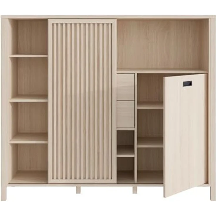 Forte JYTANA Schrank 150, skandinavischer Schrank mit 2 Schubladen und Schranktüren und 3 Regalfächern, Riva Eiche Holzdekor, 149,9 cm breit x 129,9 cm hoch x 40,2 cm tief – Bild 5