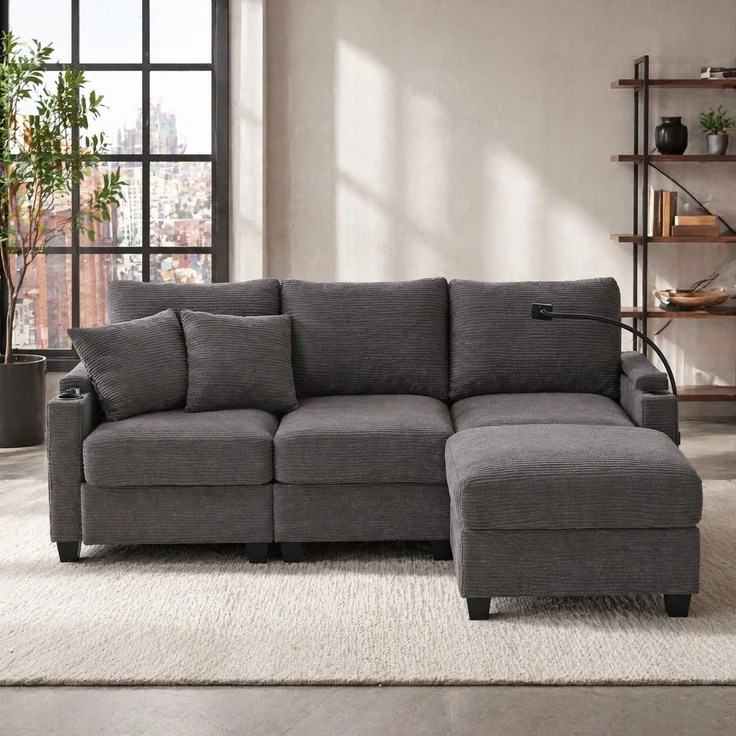 DESVIAE Sofa mit beweglichem Hocker und USB-Ladeanschluss 213,5x87x139 cm Cord Dunkelgrau – Bild 2