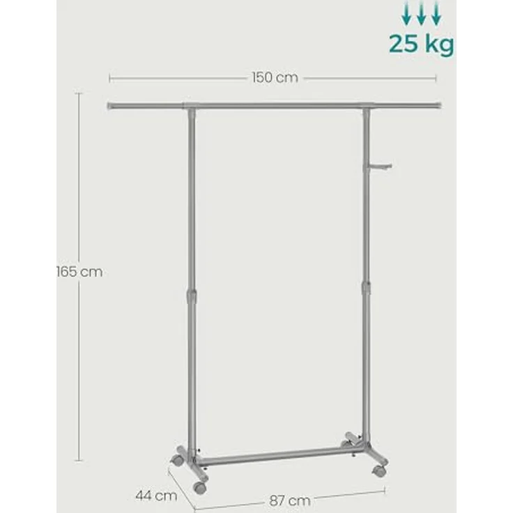 SONGMICS Kleiderständer auf Rollen, Kleiderstange, höhenverstellbar zwischen 97 und 165 cm, ausziehbare Garderobenstange, Garderobenständer, seitliche Haken für Accessoires, taubengrau LLR001G01 – Bild 6