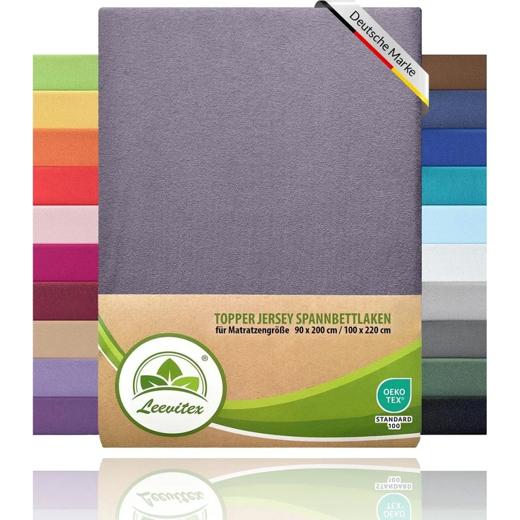 leevitex® Spannbettlaken, Premium 170g/m², Gummizug: rundum, schwer und dick, 100% Jersey-Baumwolle, Platingrau, Topper | 90 x 200 - 100 x 220 cm