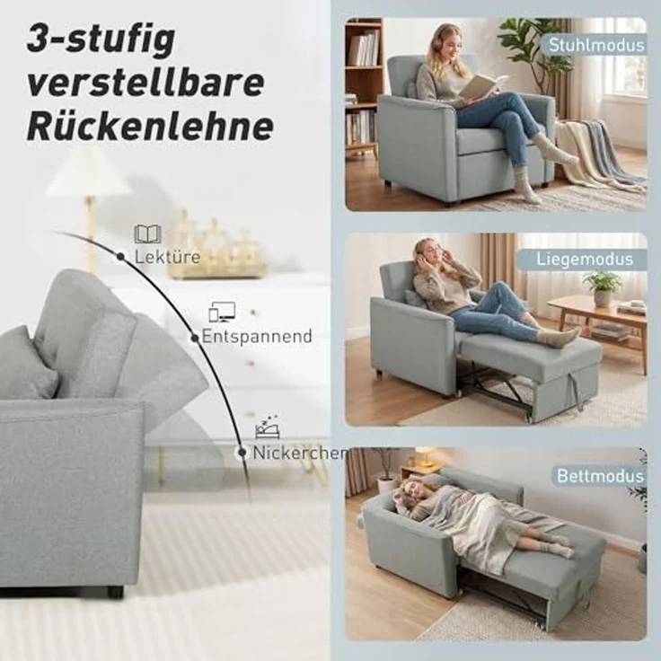 HOMCOM Schlafsofa mit Verstellbarer Rückenlehne, Breiter Sitzfläche, Lendenkissen, Umwandelbarer Sessel mit Bettfunktion 1 Teile, für Wohnzimmer, Wohnung, Grau – Bild 5