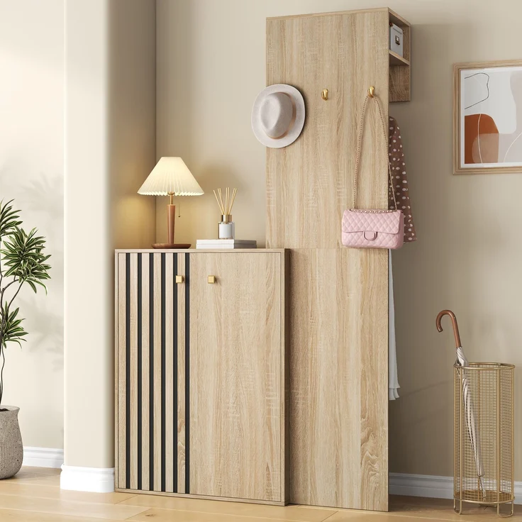 Moderne Flurgarderobe mit Stauraum,Garderobenset, Kompaktgarderobe,Schuhschrank,Flurgarderobe,mit Kleiderhaken,Kleiderstange, für den Flur--Natürlich--115x38.5x191.5cm--YOUDENOVA – Bild 2