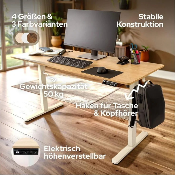 Arebos Schreibtisch Computer-Bürotisch 140 x 60 cm, elektrisch Memory-Funktion, 72-118 cm höhenverstellbar, Hebekapazität: 50 kg – Bild 2