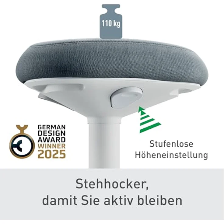 Leitz Ergo Set Active Stehhocker mit Dual Density Foam Komfortsitz + Multi-Winkel-Laptopständer, Hocker höhenverstellbar von 57 bis 82 cm, Für bis zu 110 kg, 65450085 + 64240001 – Bild 5