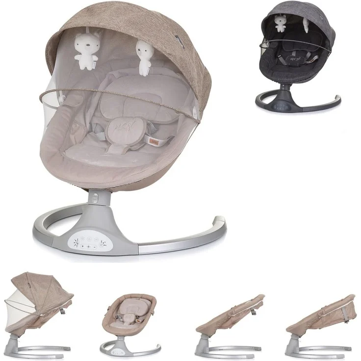 Chipolino Babywippe Nest Musik, Fernbedienung, Kissen, Gurt, Timer, Plüschtiere beige – Bild 1