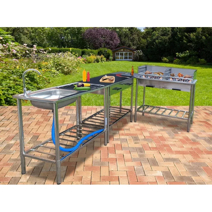 JW Edelstahl Outdoorküche Waschtisch+Grilltisch+Arbeitstisch L-Form