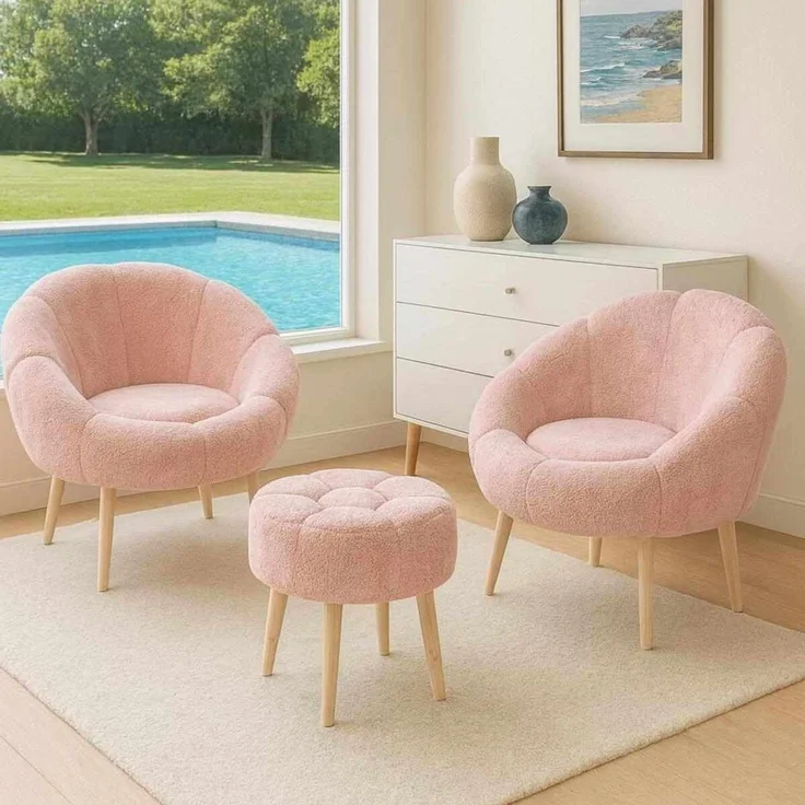 Hanah Home Elegantes Ohrensessel- und Pouf-Set (3-teilig), Rosa, 100% Wellssoft-Stoff, 18 mm Melaminplatte | Perfekt für gemütliche Wohnräume – Bild 2