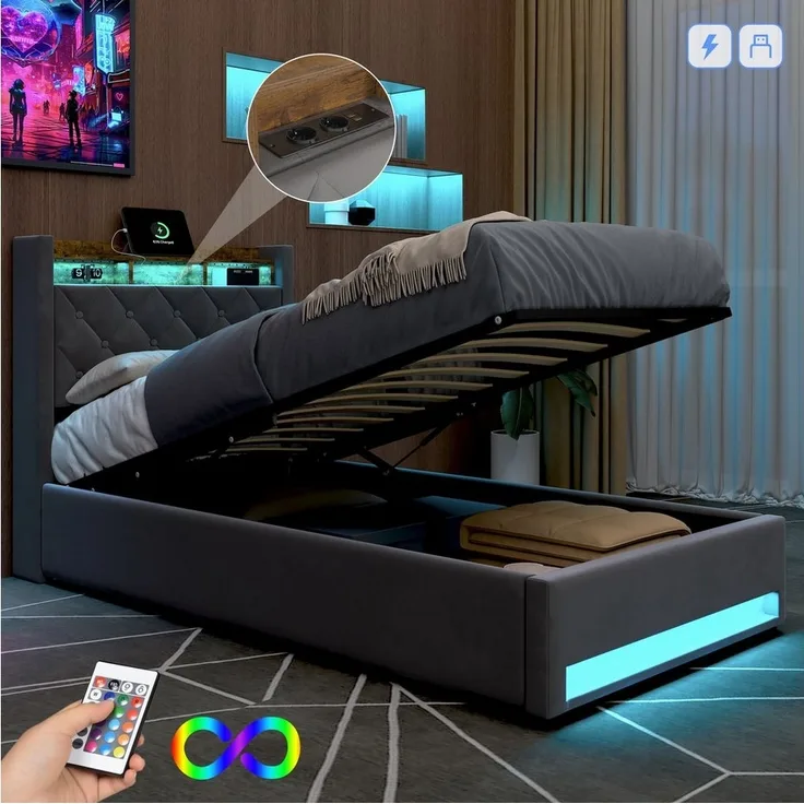 STILVORA Polsterbett mit bettkasten,Stauraumbett Boxspringbett 90×200 mit USB & LED-Licht (Funktionbett mit Hydraulikstange,Tragfähigkeit: 200kg, Strapazierfähig und schmutzabweisend,verschiedenen Farben,Metallrahmen), Bettgestell mit Lattenrost,Bequem...