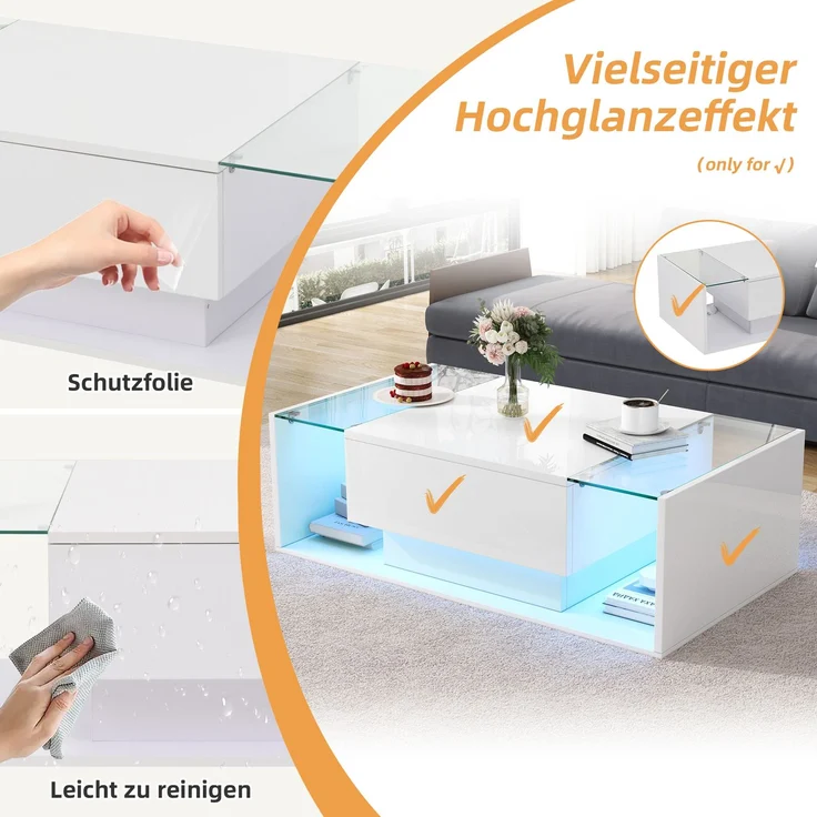 Quadratischer Couchtisch 100 x 50 x 31 cm, Hochglanz Weiß,gehärtetes Glas, 1 Schublade, halboffener Stauraum,mit LED-Lichtleiste – Bild 9