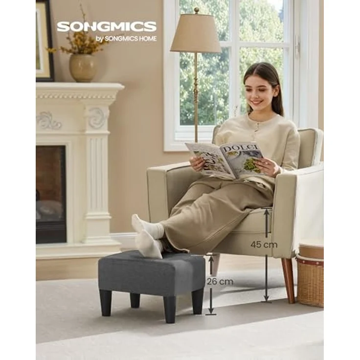 SONGMICS Sitzhocker, Fußhocker, Leinenimitat, Hocker, Dicke Polsterung, bis 150 kg belastbar, für Wohnzimmer Schlafzimmer Eingangsbereich, schiefergrau-tintenschwarz – Bild 2