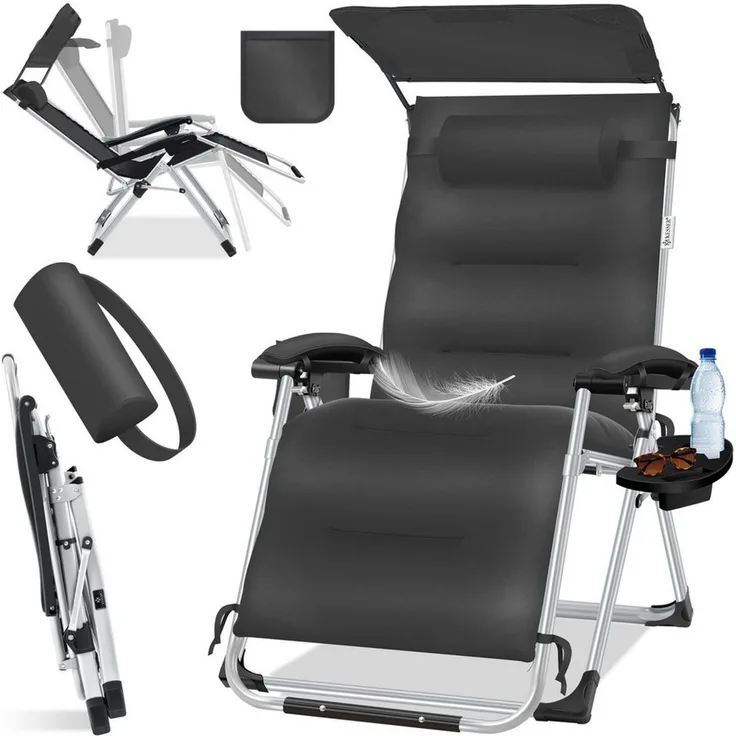 KESSER® Sonnenliege Liegestuhl, klappbare Gartenliege extra breit & Wetterfest, Belastbar 200kg, Ergonomisches Polster, verstellbare Rückenlehne inkl. Nackenkissen, Getränkehalter & Armpolster Anthrazit, Liege (Mit Sonnendach)