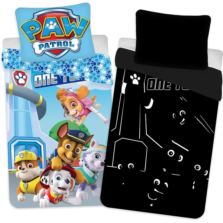 Kinder Baby Paw Patrol Wendebettwäsche mit Leuchtmotiv Skye, Marshall, Everest, Chase und Rubble, Bettdecke 100x135 + Kopfkissen 40x60 cm, 100 % Baumwolle