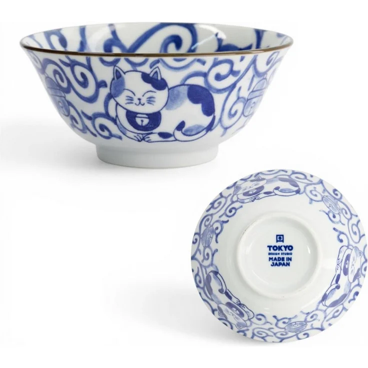 WestCraft Snackschale Japan Culture Katzen Schalen Kawaii Sleepy Blue Neko Cat 15x7cm Blau, Porzellan, (1-tlg), Ramen Reis Nudel Suppen Dessert Bowl, Kawaii Cat – Bild 4