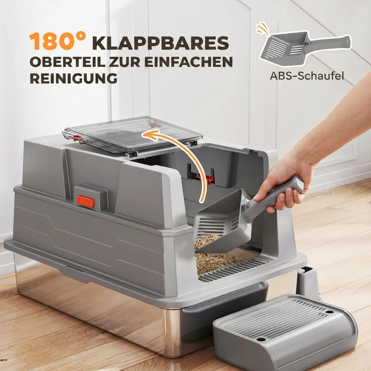 PawHut Katzenklo, Edelstahl, ABS, Grau, 70L x 50B x 43H cm – Bild 8