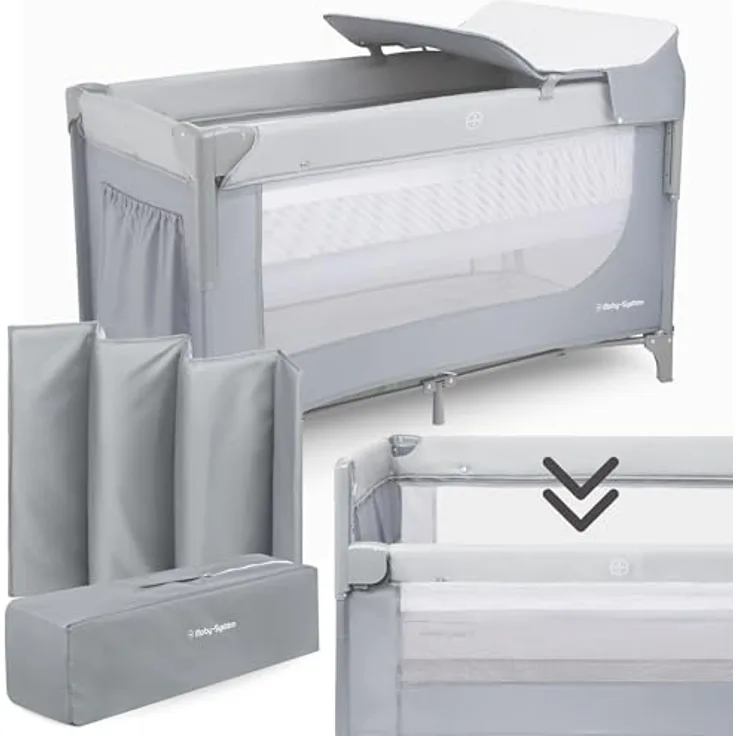 Moby-System Closely 3in1 Beistellbett Baby - Reisebett Baby mit Wickelauflage, Matratze, Transporttasche - Höhenverstellbares Beistellbett, Laufstall (6 Teile)