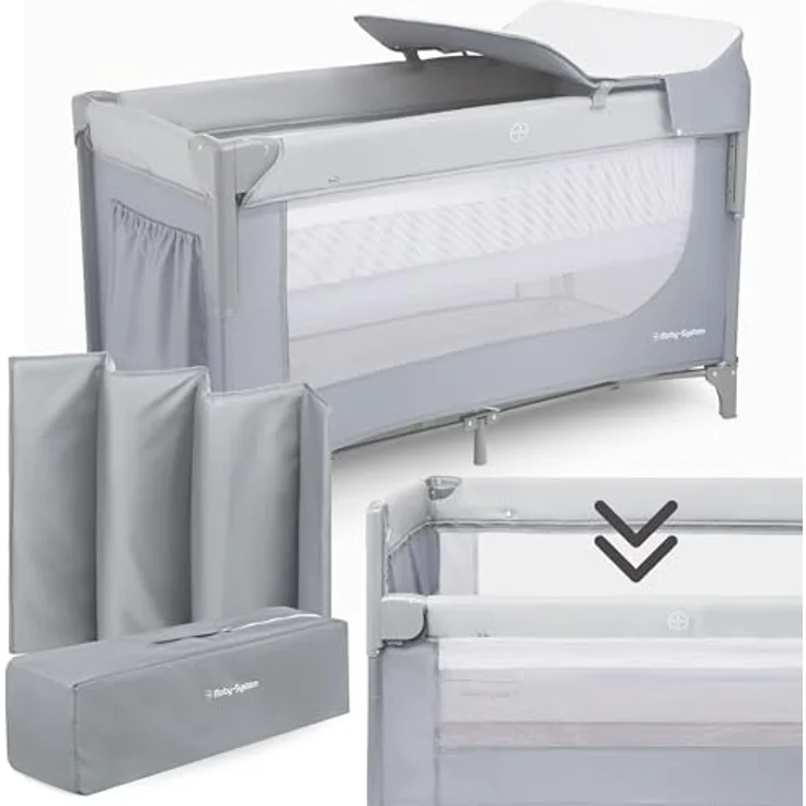 Moby-System Closely 3in1 Beistellbett Baby - Reisebett Baby mit Wickelauflage, Matratze, Transporttasche - Höhenverstellbares Beistellbett, Laufstall (6 Teile) – Bild 1