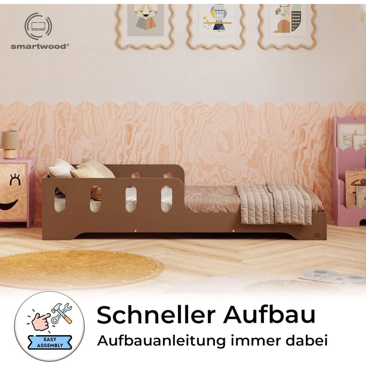smartwood Kinderbett 120x200 cm in Braun - Montessori Bodenbett mit Rausfallschutz & Lattenrost - Aus handbemaltem Sperrholz - Sicher für Jungen und Mädchen - Einfache Montage - TILA 6 – Bild 4