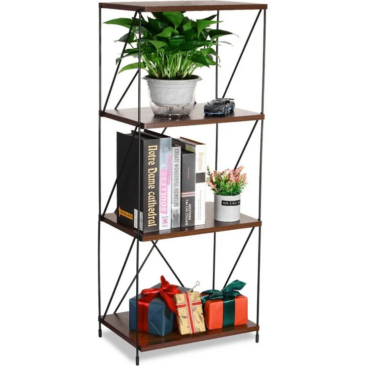 BlingBin Bücherregal 4-stufiges Vintage Standregal Mehrstufen-Aufbewahrungsregal, 1 Stück 1-tlg, freistehendes Regal aus Metall & Holz,für Schlafzimmer,Wohnzimmer,Büro – Bild 1