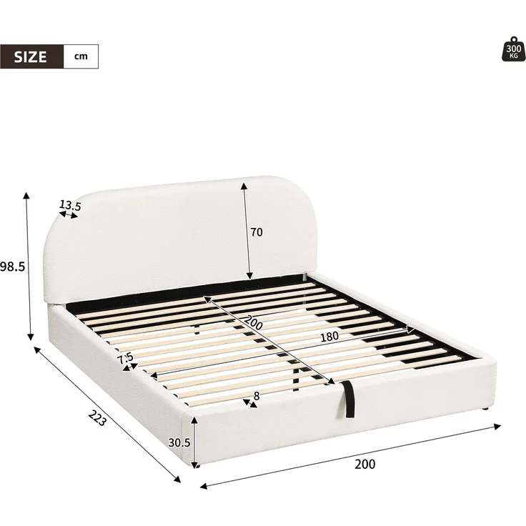 Polsterbett,Doppelbett,180 x 200cm, hydraulisches Funktionsbett,Bett mit Lattenrost, Kopfteil und großem Stauraum, gepolstertes Kopfteil, Beige Bouclé – Bild 4