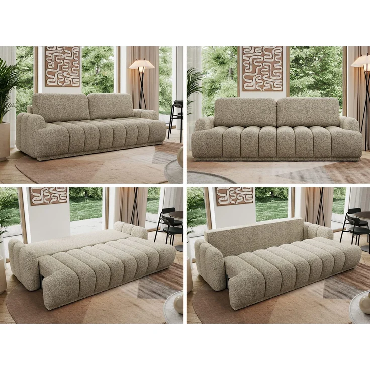 Schlafsofa ACCORDO 3-Sitzer mit Schlaffunktion, DL-Mechanismus, Wellenfederung & Massivholz, freistehend rundum bezogen - Dunkelbeige Strukture – Bild 2