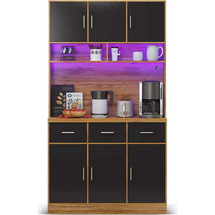100x40x180cm, multifunktionales Buffet mit LED-Beleuchtung mit APP-Steuerung, Schubladen, verstellbaren Einlegeböden, Kabelführungslöchern und Steckdosen, ideal für Küchen und Esszimmer – Bild 9