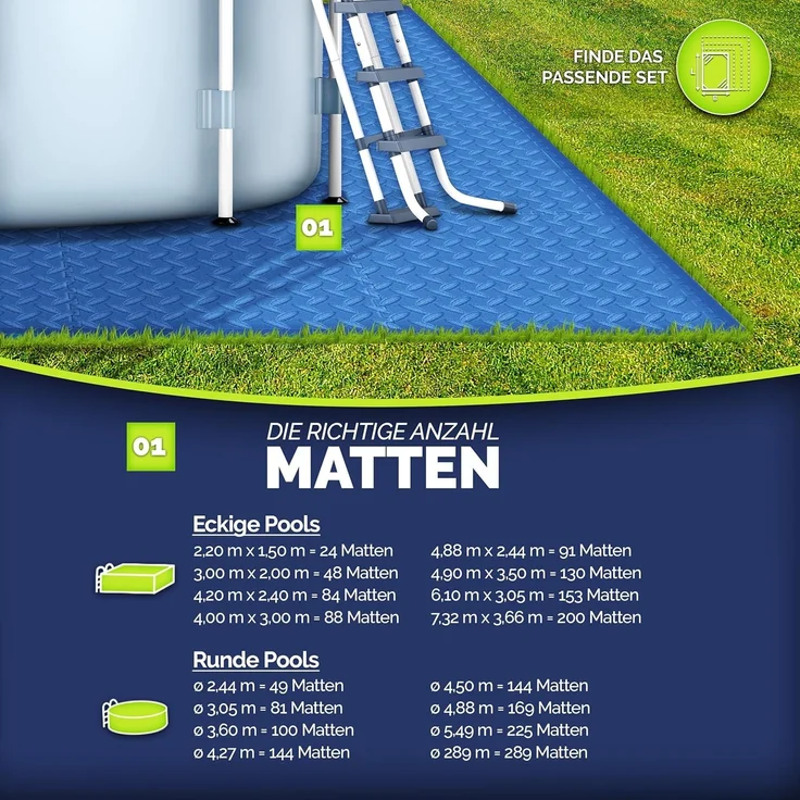 tillvex® Pool Bodenschutzmatte Blau - 48 Stück | Unterlegmatte für Pool & Planschbecken | Poolmatte Bodenmatte Outdoor | Poolunterlage Bodenschutz Matten wärmeisolierend | Whirlpool Bodenfolie weich – Bild 2