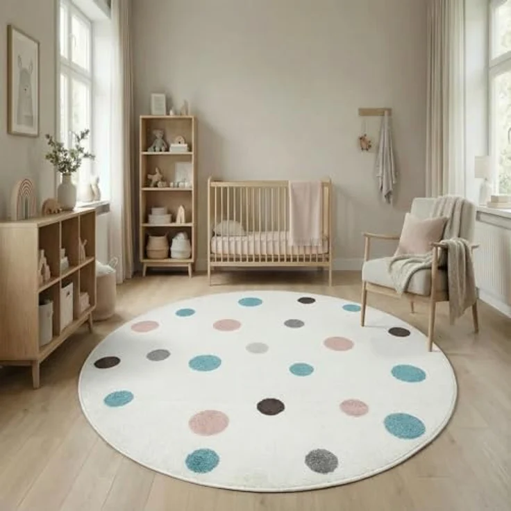 Jimri Kinderteppich DOTS l Pünktchen Gepunktet l Farbe: Beige Blau Rosa | Kinderzimmer/Jugendzimmer (Weiß, Ø 150 cm Rund) – Bild 4