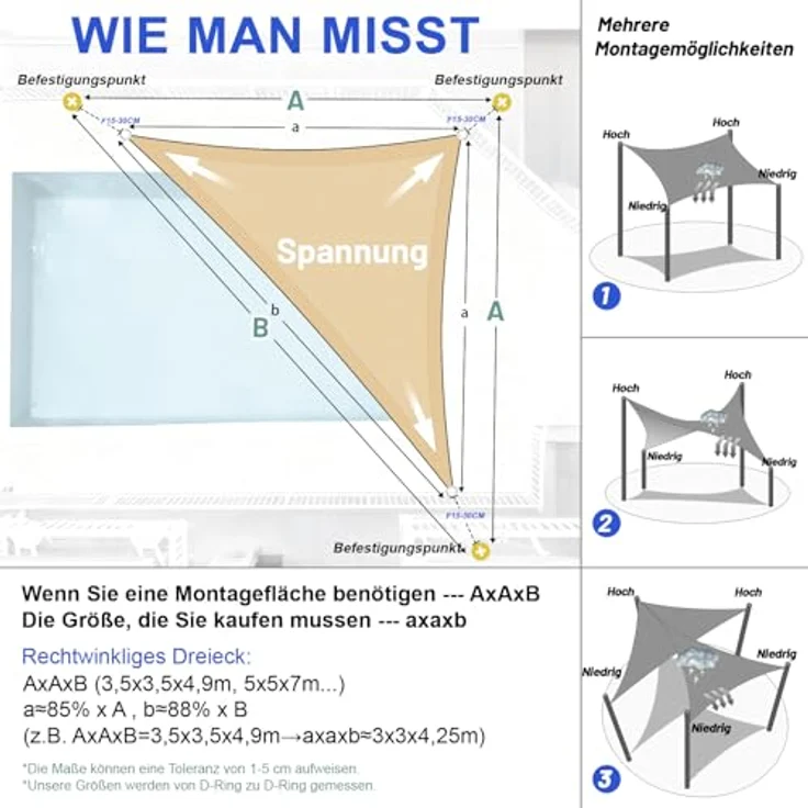 LOVE STORY Sonnensegel Wasserdicht 4 x 4 x 5. 65m Dreieckig Rechtwinklig PES Polyester Sonnenschutz Windschutz Balkon Terrasse 95% UV-Schut,für Balkon Garten,Sandbeige – Bild 6