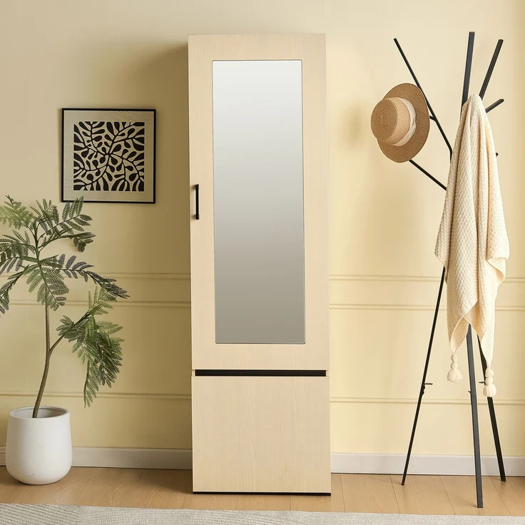 Schmaler Garderobenschrank mit Spiegel und ausziehbarer Kleiderstange – Moderner Flurschrank, platzsparender Garderobenschrank für Flur, Schlafzimmer und Wohnung.[OLD SKU: GL3812N]--Holz--54x34.5x179.5cm--YOUDENOVA – Bild 5