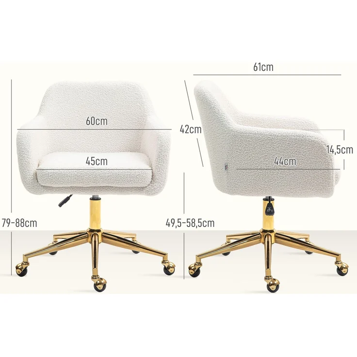 MELAYR, Homeoffice-Stuhl, höhenverstellbarer Bürostuhl mit Rollen, Samtartiger Bezug, 60 x 61 x 88 cm, Cremeweiß – Bild 5