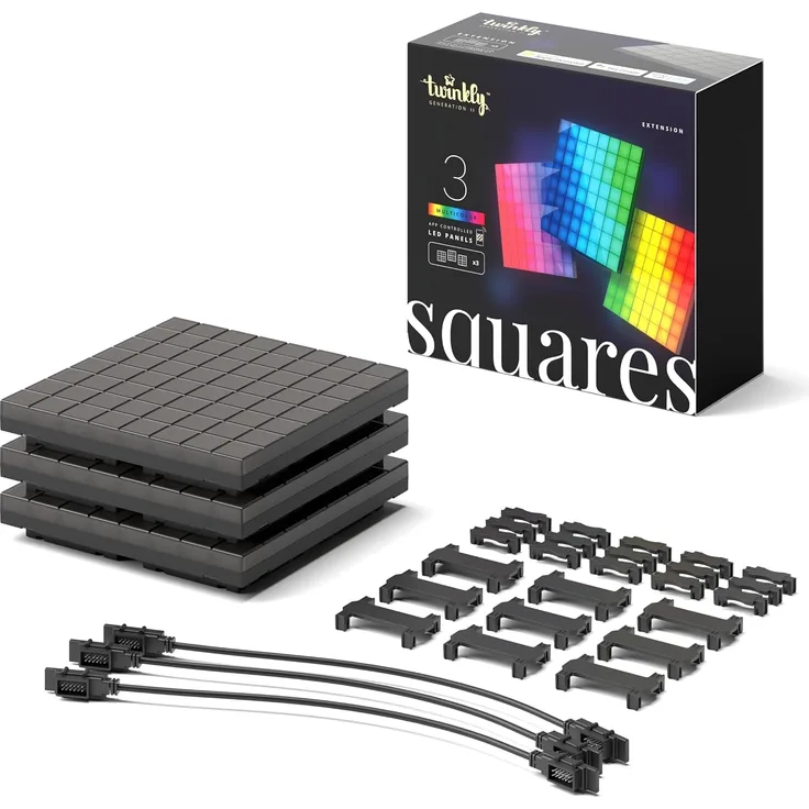 Twinkly Squares Erweiterungsset, RGB LED Paneelen-Kit, Enthält 3 Erweiterungspaneele und Verbindungskabel, Kompatibel mit HomeKit, Alexa und Google Home, Gaming- und Streaming-Lichter, 16M+ Farben