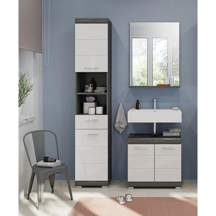 Badezimmer Hochschrank Shawn in weiß Hochglanz und Rauchsilber grau 37 x 191 cm – Bild 6