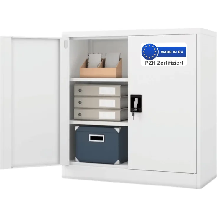 Aktenschrank abschließbar KADO - 3 Ebenen verstellbar, Flügeltüren | Metallschrank Werkstatt Mehrzweckschrank Büroschrank aus Stahl Werkzeugschrank, 93x90x40cm Weiß
