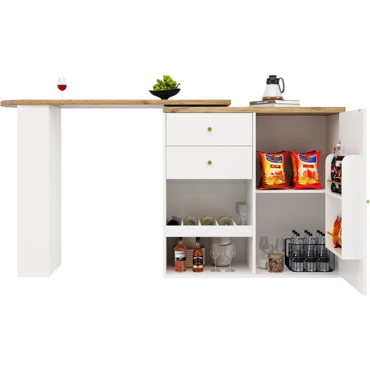 Drehbarer Bartisch (Hauptkörper 105 x 39 x 102 cm), mit 2 Schubladen und Schiebetürschrank, 3 Ebenen offener Stauraum, geeignet für Esszimmer/Arbeitszimmer/Wohnzimmer usw – Bild 6