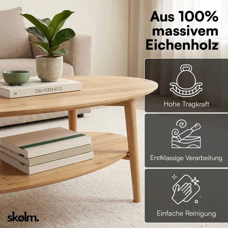 skølm 'Mjölnir' Couchtisch oval, Massivholz Eiche, natur geölt, Wohnzimmertisch 70x110 cm, Beistelltisch für Wohnzimmer mit Ablage – Bild 4