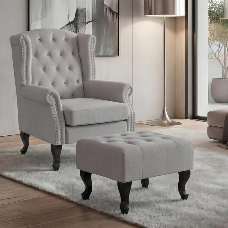 Sessel Chesterfield, Relaxsessel Clubsessel Ohrensessel, wasserabweisend Stoff/Textil ~ grau mit Ottomane