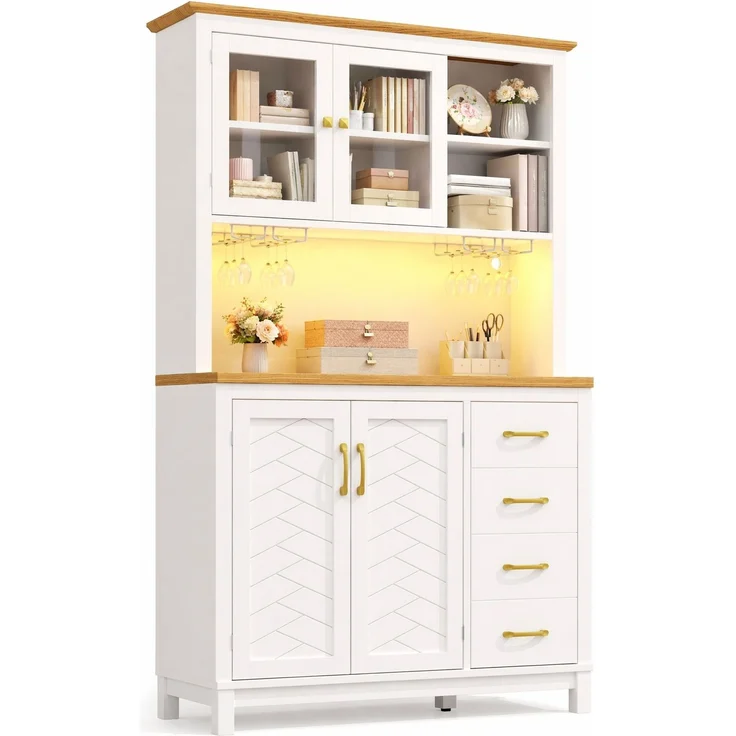 Buffetschrank 105,5x40x180 cm mit LED-Lichtleiste, Schubladen und Türen – aus MDF in Weiß – Bild 2