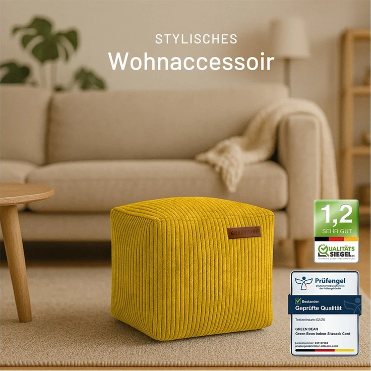 Green Bean Indoor Cord Sitzhocker Pouf Cube 40x40x40cm mit EPS-Perlen Füllung - kuschelig weich waschbar - die ideale Ergänzung zum Sitzsack für Kinder & Erwachsene - Gelb – Bild 3
